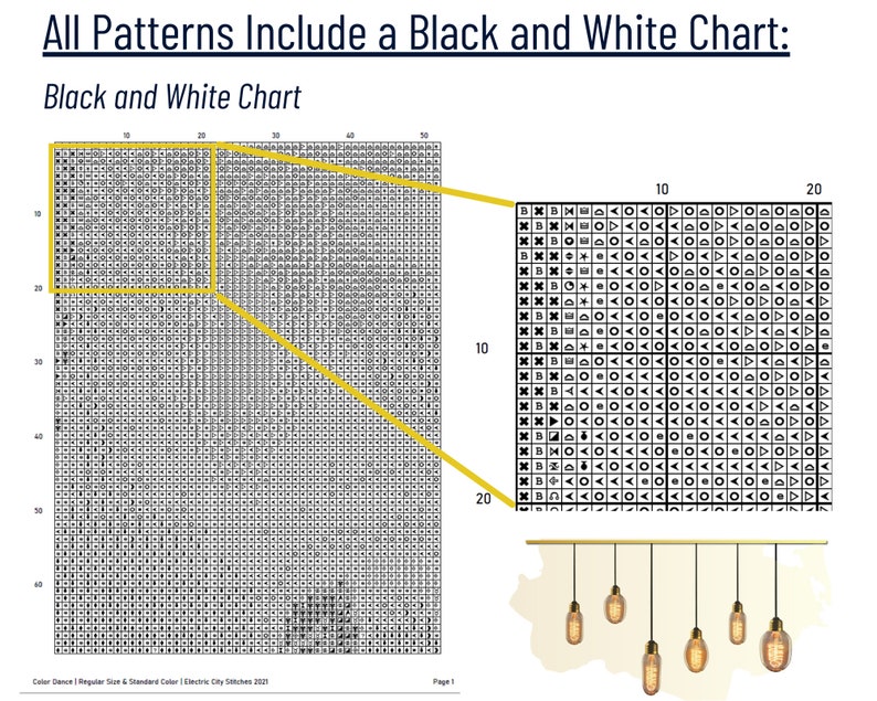 May include: A black and white chart with a grid of different patterns. The chart is labeled "Black and White Chart". The text "All Patterns Include a Black and White Chart" is at the top of the image.