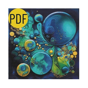 May include: Abstract painting with swirling blue, green, and gold colors. The painting features a variety of circular shapes and patterns.