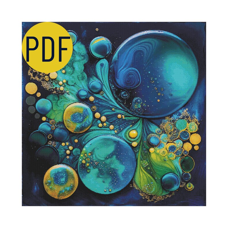 May include: Abstract painting with swirling blue, green, and gold colors. The painting features a variety of circular shapes and patterns.