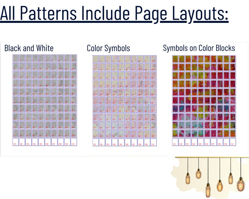May include: A graphic showing three different page layouts for patterns. The first layout is black and white, the second is color symbols, and the third is symbols on color blocks. Each layout has a grid of 100 squares.