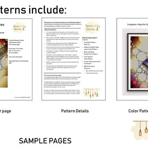 May include: Sample pages from a digital cross-stitch pattern called "A Way Out" by Electric City Stitches. The cover page features a colorful abstract design with a remote control in the center. The pattern details page lists the contents of the pattern, including a color chart, full page layout, and DMC embroidery floss list. The color pattern mock-up shows a completed version of the pattern with a gold and brown color scheme.