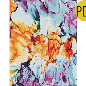 Puede incluir: Pintura abstracta con colores que giran en naranja, amarillo, azul, morado y blanco.