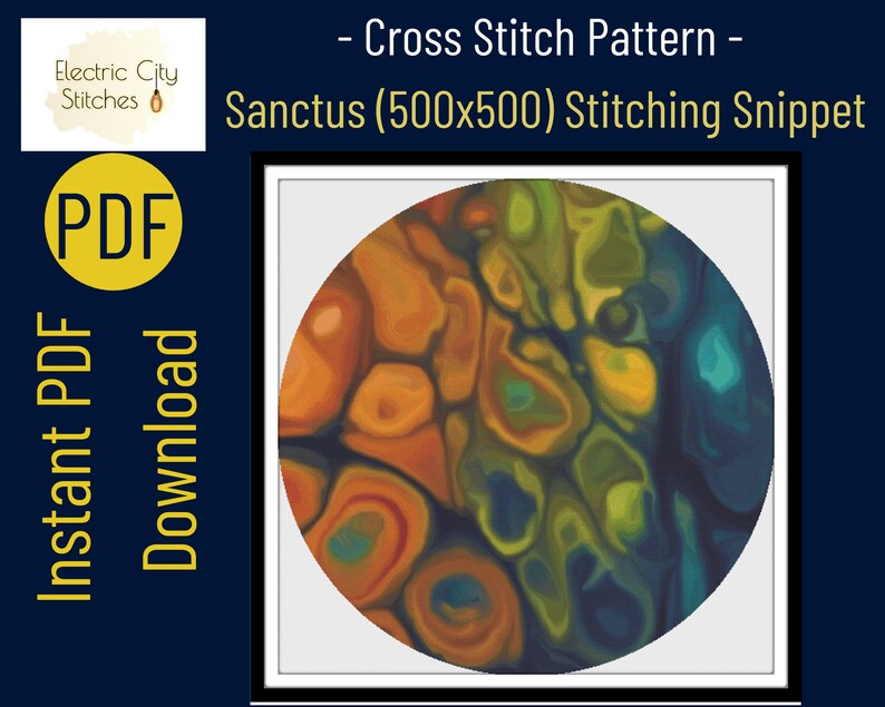 May include: A digital cross stitch pattern of a circular abstract design with a mix of orange, yellow, green, and blue colors. The pattern is titled "Sanctus (500x500) Stitching Snippet".