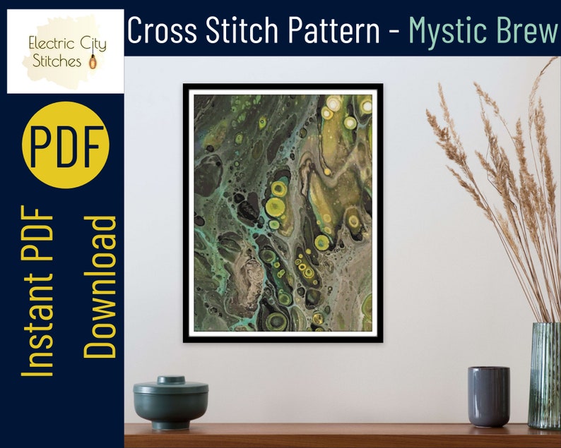 May include: A digital cross stitch pattern featuring an abstract design with swirling green, yellow, and black colors. The pattern is titled "Mystic Brew" and is available as an instant PDF download.