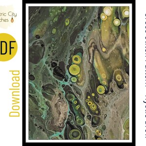 May include: Cross stitch pattern for a colorful abstract design with green, yellow, and black colors. The pattern is called "Mystic Brew".