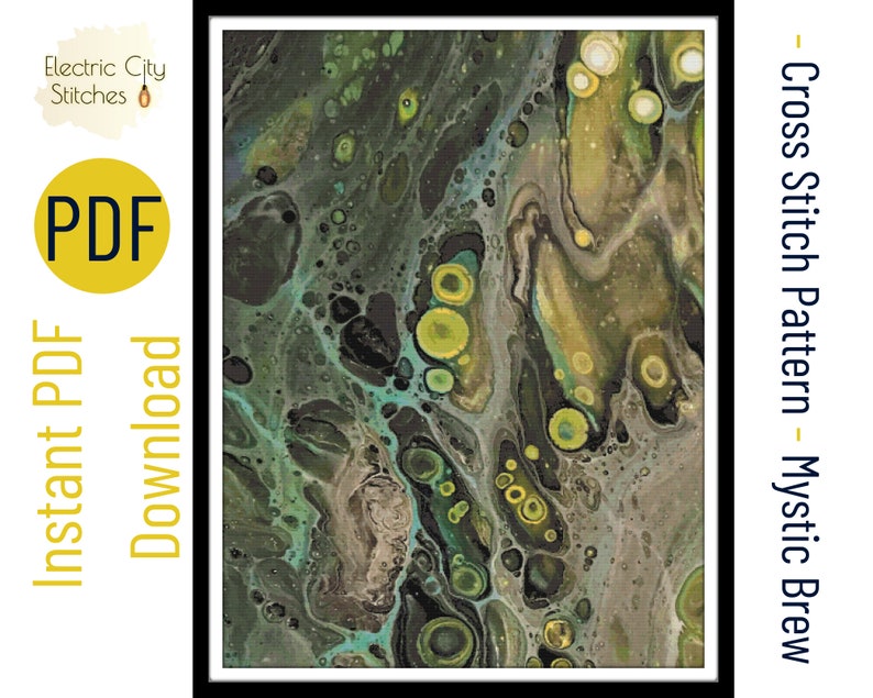 May include: Cross stitch pattern for a colorful abstract design with green, yellow, and black colors. The pattern is called "Mystic Brew".