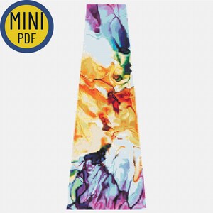 Puede incluir: Patrón de punto de cruz de arte abstracto con un diseño colorido de formas giratorias en tonos de azul, morado, amarillo, naranja y rojo.