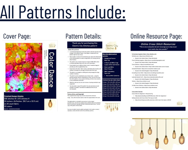 May include: A digital cross stitch pattern for a colorful abstract design called "Color Dance". The pattern includes 151 colors and is 20 inches by 26.9 inches when stitched on 25 count fabric. The image also includes a page with details about the pattern and a page with online resources for cross stitch.