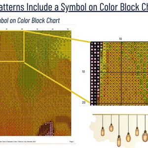 May include: A color block chart with a grid of squares, each containing a different symbol. The chart is labeled "Symbol on Color Block Chart". The chart is divided into sections, with each section representing a different color. The symbols in each section are arranged in a pattern.
