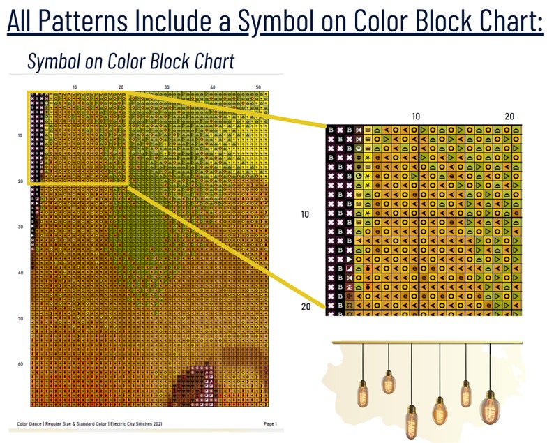 May include: A color block chart with a grid of squares, each containing a different symbol. The chart is labeled "Symbol on Color Block Chart". The chart is divided into sections, with each section representing a different color. The symbols in each section are arranged in a pattern.