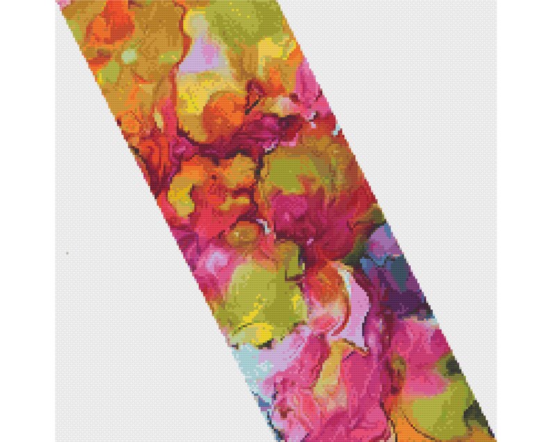May include: Abstract art print with a diagonal design featuring vibrant colors like pink, yellow, orange, and green.