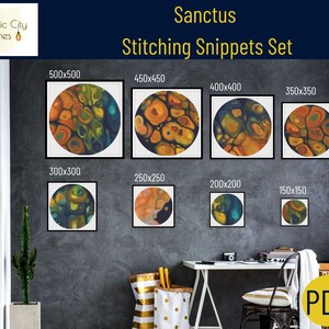 May include: A digital download of a set of 8 abstract circular patterns in various sizes, ranging from 150x150 pixels to 500x500 pixels. The patterns feature a swirling mix of orange, yellow, green, and blue colors. The text "Sanctus Stitching Snippets Set" is displayed above the patterns. The text "PDF" is displayed in a yellow box in the lower right corner of the image.