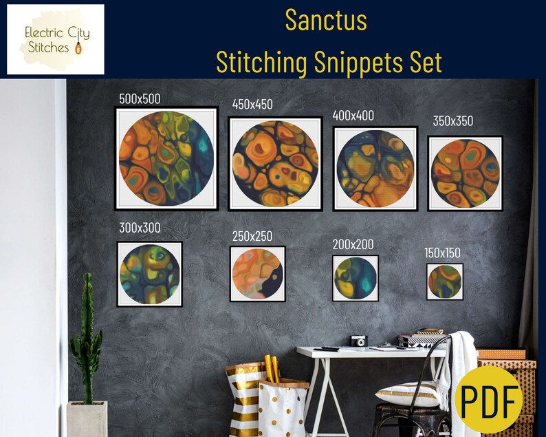 May include: A digital download of a set of 8 abstract circular patterns in various sizes, ranging from 150x150 pixels to 500x500 pixels. The patterns feature a swirling mix of orange, yellow, green, and blue colors. The text "Sanctus Stitching Snippets Set" is displayed above the patterns. The text "PDF" is displayed in a yellow box in the lower right corner of the image.