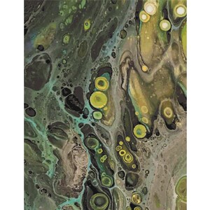 May include: Abstract painting with swirling green, black, and brown colors. The painting features a variety of circular shapes and patterns.
