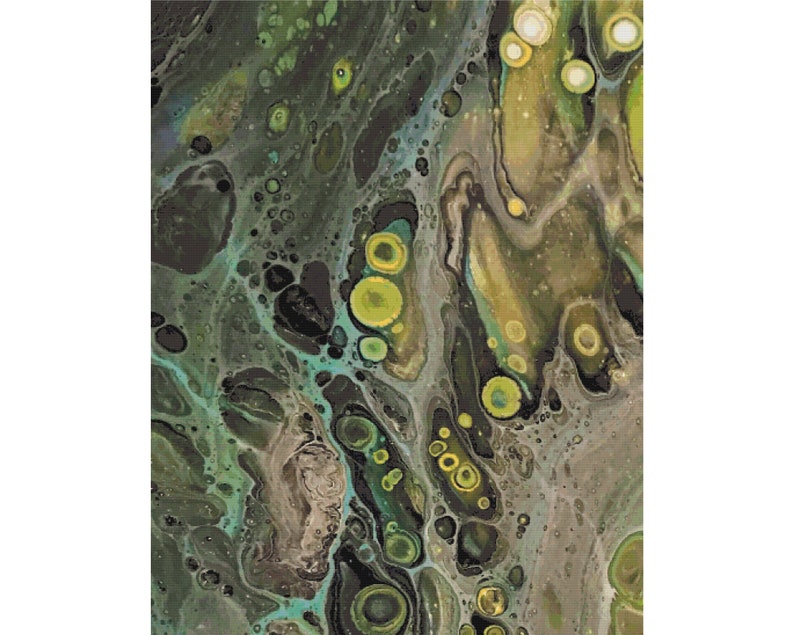 May include: Abstract painting with swirling green, black, and brown colors. The painting features a variety of circular shapes and patterns.