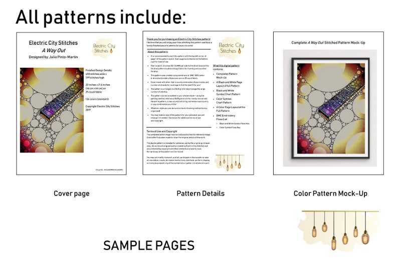 May include: Sample pages from a digital cross-stitch pattern called "A Way Out" by Electric City Stitches. The cover page features a colorful abstract design with a remote control in the center. The pattern details page lists the contents of the pattern, including a color chart, symbol chart, and full page layout. The color pattern mock-up shows a completed version of the pattern with a gold and brown color scheme.