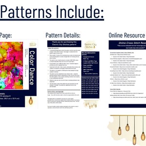 May include: A digital cross stitch pattern for a colorful abstract design called "Color Dance". The pattern includes 151 colors and is 20 inches by 26.9 inches when stitched on 25 count fabric. The image also includes a page with details about the pattern and a page with online resources for cross stitch.