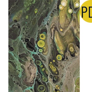 May include: Abstract painting with swirling green, black, and gray colors. The painting features a variety of round shapes and textures.