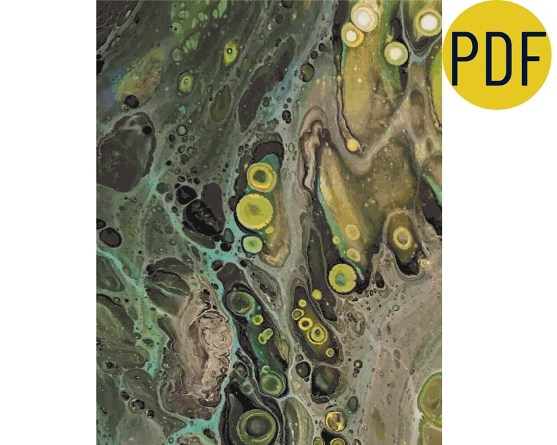 May include: Abstract painting with swirling green, black, and gray colors. The painting features a variety of round shapes and textures.