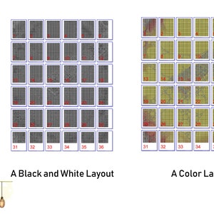 May include: Two layouts of 36 sample pages, one in black and white and one in color. The pages are numbered 1 through 36. The pages are arranged in a grid of 6 rows and 6 columns.