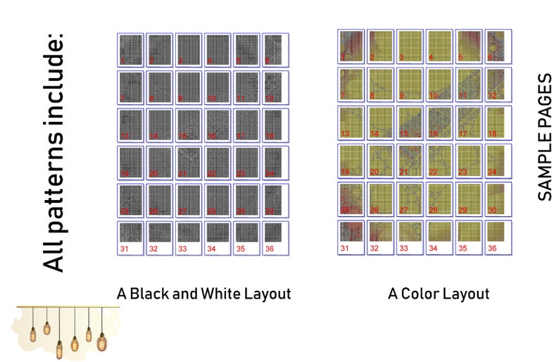 May include: Two layouts of 36 sample pages, one in black and white and one in color. The pages are numbered 1 through 36. The pages are arranged in a grid of 6 rows and 6 columns.