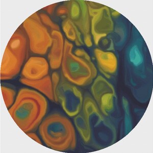 May include: Abstract circular painting with a blend of orange, yellow, green, and blue colors. The colors are swirled and blended together to create a unique and organic pattern.