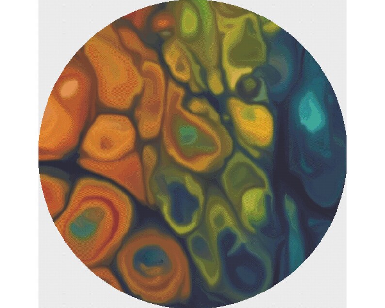 May include: Abstract circular painting with a blend of orange, yellow, green, and blue colors. The colors are swirled and blended together to create a unique and organic pattern.