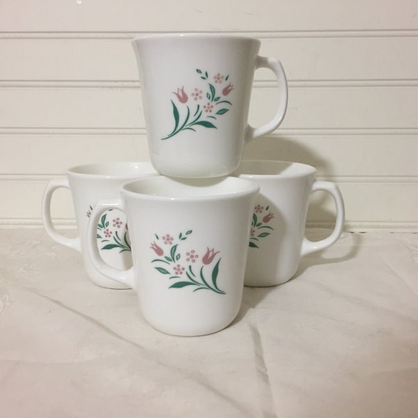 Corning Ware Rosemarie Coffee Mugs. 8 oz Cups Set of 4 Corelle Tulips