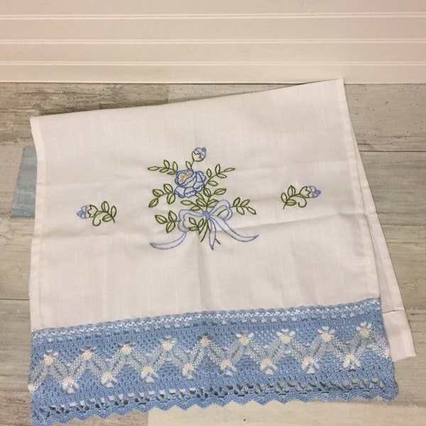 Embroidered Floral Curtain with Blue Crochet Trim 16" x 30"