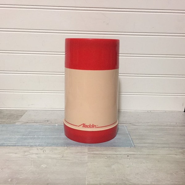 Vintage Aladdin Red and Beige Pint Thermos Wide Mouth