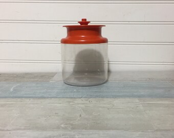 Tupperware 1477 Orange Top Clear Acrylic Canister 2.25 Cup Push Button Lid