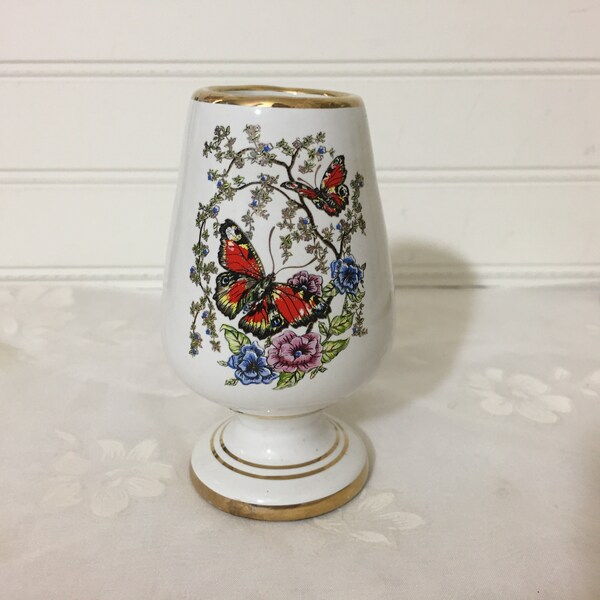 Vintage Manousakis Keramik Greece Butterfly 4 1/2" Bud Vase Gold Trim