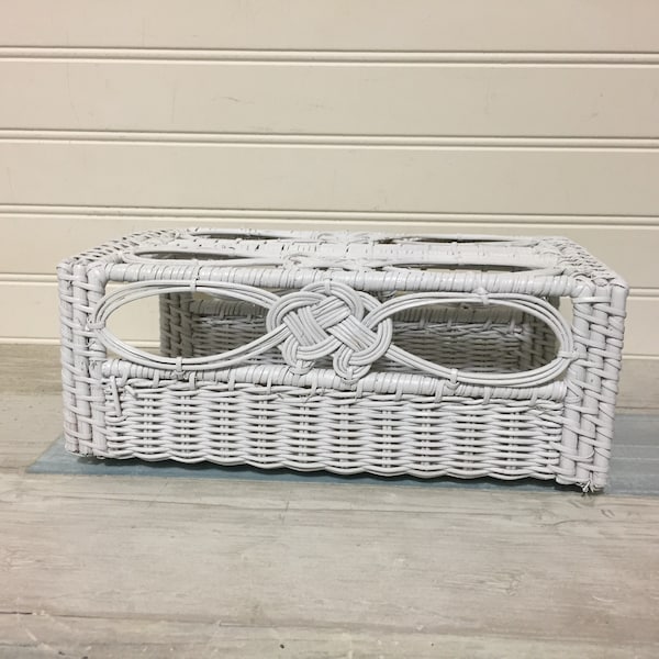 Vintage White Rattan Wicker Tissue Box Cover Holder