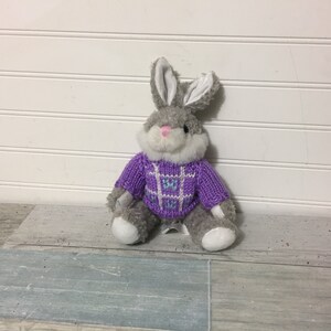 Chrisha Playful Plush Gray Bunny Rabbit Purple Sweater Vintage 1988 Stuffed Animal Toy