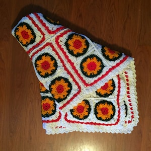 Vintage Handmade Flower Power Afghan, Orange, Green, Red, Granny Square Style