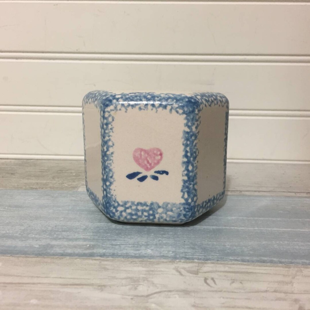 Blue Spongeware Ceramic Piggy Bank W/ Pink Heart Etsy