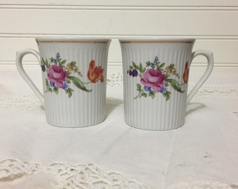 JLMenau Graf Von Henneberg Porzellan Pink Rose Ribbed Coffee Cups Mugs Set of 2 1777 East Germany