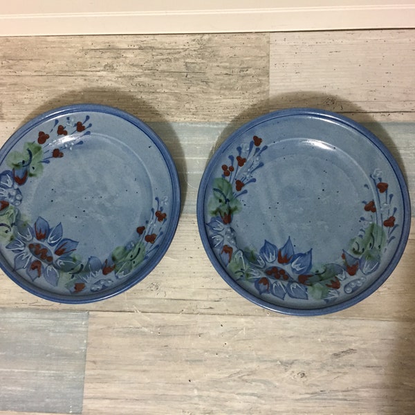 Blue Redware 8" Salad Plates, Pottery, Signed Corsica, Red Green Flowers
