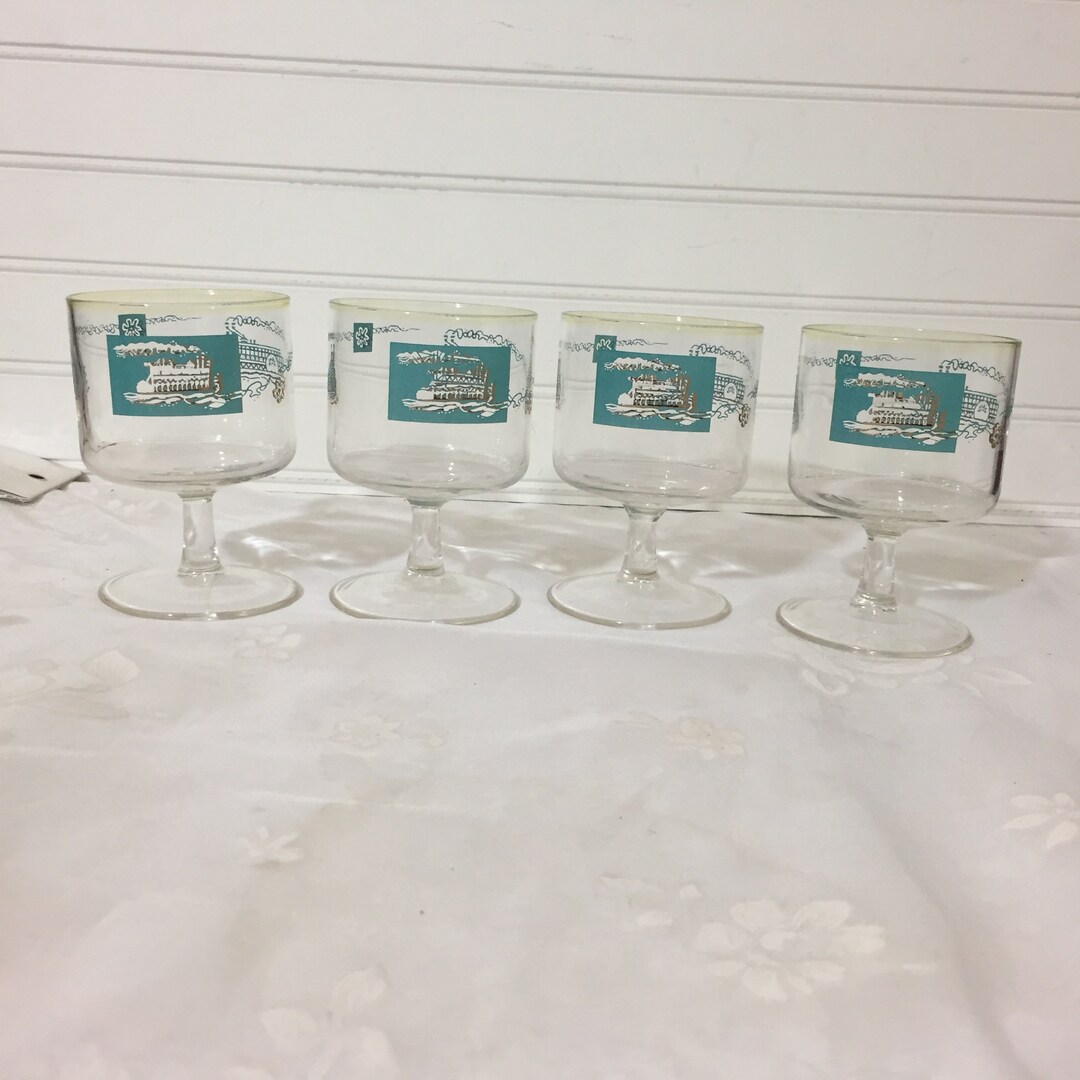 Vtg Libbey Steamboat Short Stem Glasses Turquoise and Gold Etsy