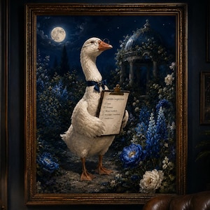 Whimsical Goose Wall Art, Midnight Botanical Celestial Print, Dark Academia Digital Download