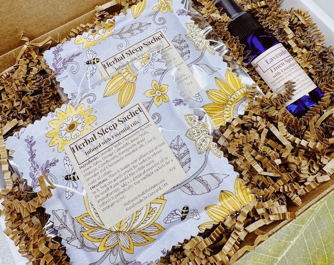 Handmade Natural Gift Box with Sleep Sachets and Lavender Linen Spray for Relaxation