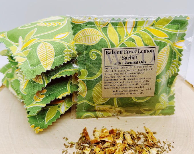 Handmade Balsam Fir and Lemon Essential Oil Sachet Pillow with Yellow Leaves 4x4 inches