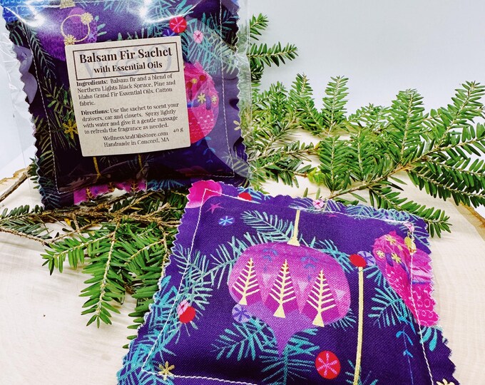 Balsam Fir Sachet with Essential Oils - Natural Freshener, Holiday Ornament Purple, 4x4