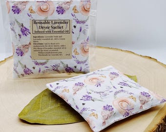 Bolsas reutilizables de lavanda para secadora, ideales para aromaterapia y como gorros de lavandería ecológicos.
