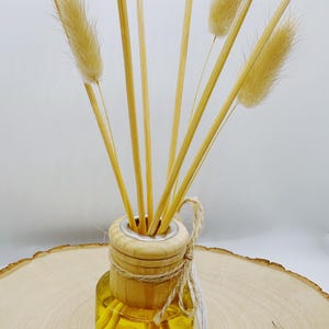 May include: A decorative reed diffuser with a wooden top and a glass bottle filled with yellow liquid. The diffuser includes several light brown reeds and fluffy, dried flowers. The bottle is tied with twine and has the letters "W&O" printed on it.