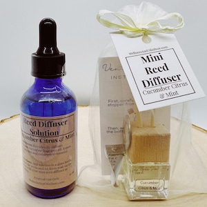 Könnte beinhalten: Eine blaue Glasflasche mit einer Pipette neben einem Mini-Reed-Diffusor-Set. Die Flasche ist mit "Reed Diffuser Solution Cucumber Citrus & Mint" beschriftet. Das Diffusor-Set enthält eine kleine Glasflasche mit Holzdeckel und einem Etikett.