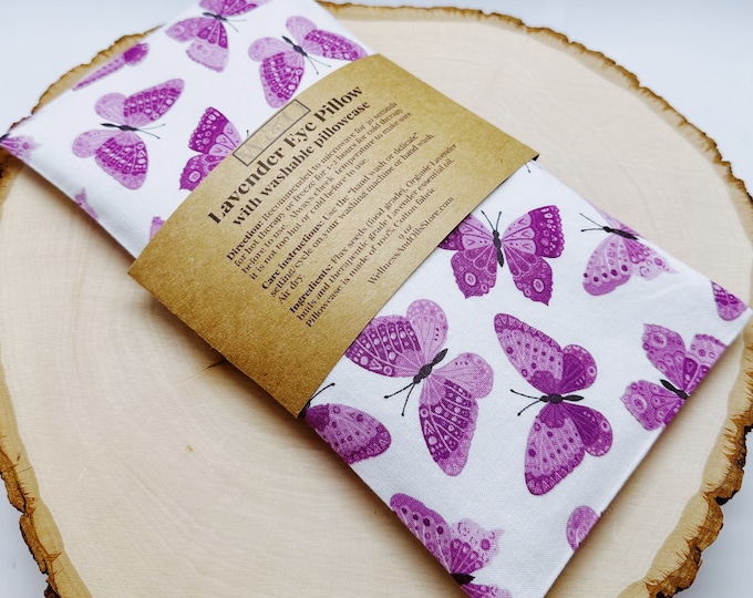 Handmade Natural Weighted Lavender Eye Pillow for Yoga, Headache Relief, Washable Cover, Pink Butterflies