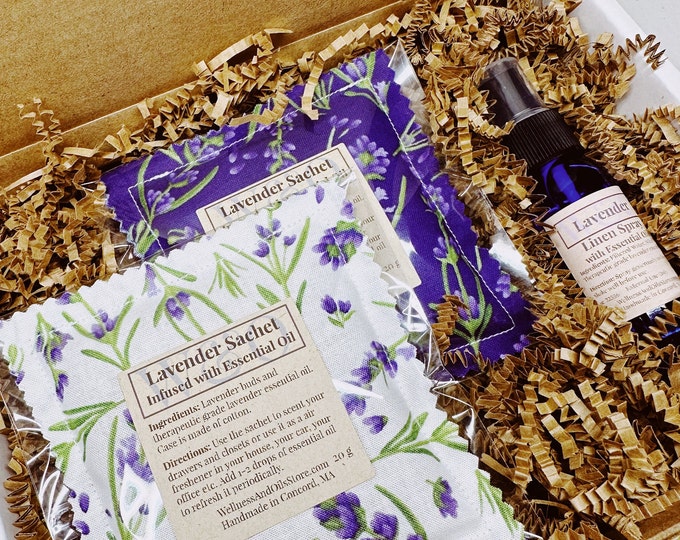 Handmade Lavender Gift Box with Essential Oil Products, Sachets and Linen Spray