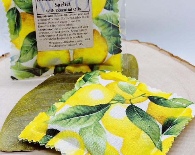 Handmade Balsam Fir and Lemon Essential Oil Sachet Pillow with lemons 4x4 inches