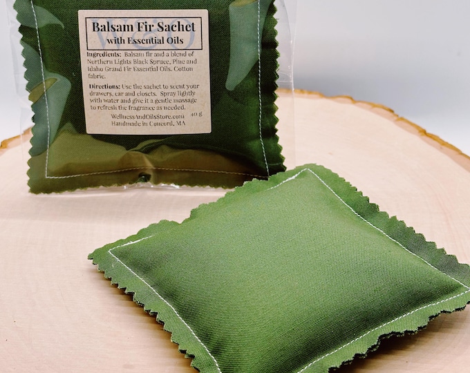 Handmade Natural Balsam Fir Sachet with Essential Oils for Freshener, 4x4 Pillow, simply Green